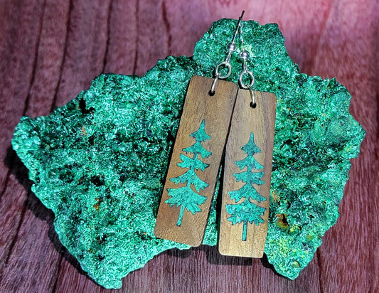 Walnut Earrings with Malachite Pine Tree Inlays