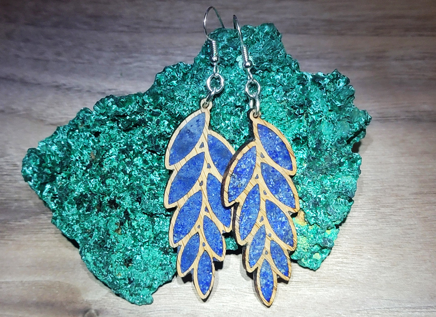 White Oak Leaf Pattern Earrings with Lapis Inlay