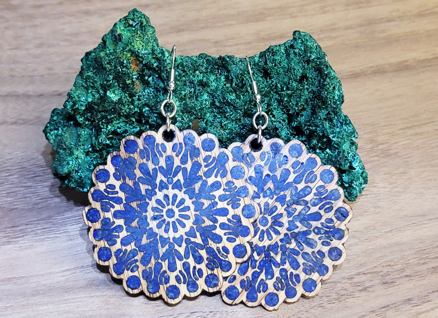 White Oak Mandala Earrings With Lapis Inlay