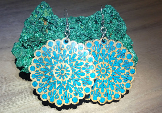 White Oak Mandala Earrings with Turquoise Inlay